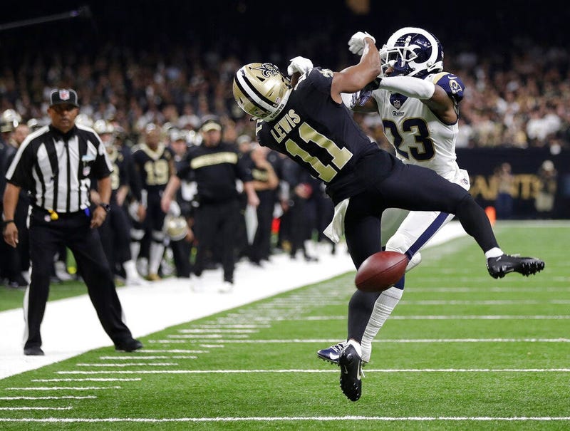 New Orleans Saints wide receiver Tommylee Lewis (11) works for a catch against Los Angeles Rams defensive back Nickell Robey-Coleman