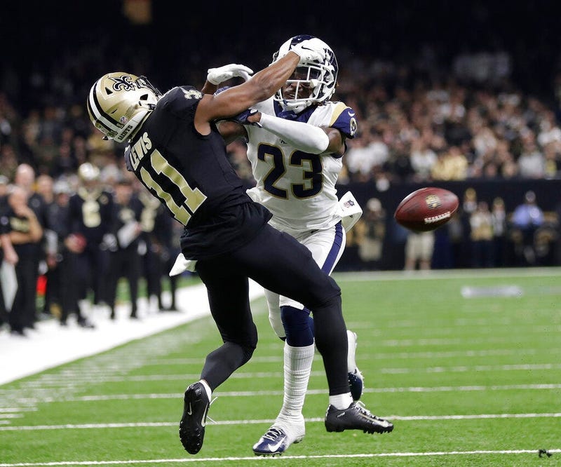 Los Angeles Rams' Nickell Robey-Coleman breaks up a pass intended for New Orleans Saints' Tommylee Lewis
