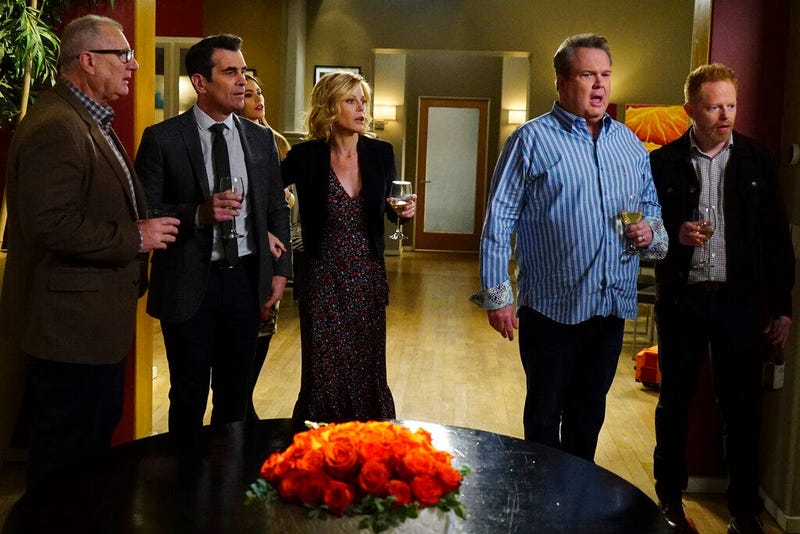 ABC shows, from left, Ed O'Neill, Ty Burrell, Sofia Vergara, obscured, Julie Bowen, Eric Stonestreet and Jesse Tyler Ferguson in a scene from "Modern Family."
