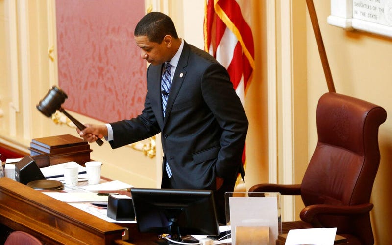 Virginia Lt. Gov. Justin Fairfax, gavels the session to order at the start of the Senate session at the Capitol in Richmond, Va., Friday, Feb. 8, 2019.