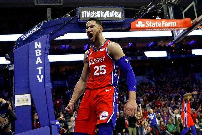Philadelphia 76ers' Ben Simmons reacts after being fouled during the second half of the team's NBA basketball game against the Denver Nuggets