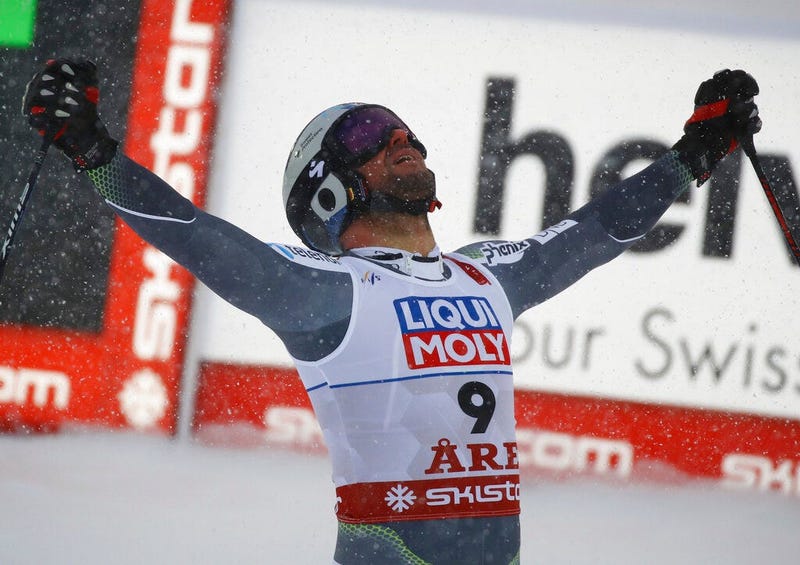 Norway's Aksel Lund Svindal reacts in the finish area after the men's downhill race, at the alpine ski World Championships in Are, Sweden, Saturday, Feb. 9, 2019.