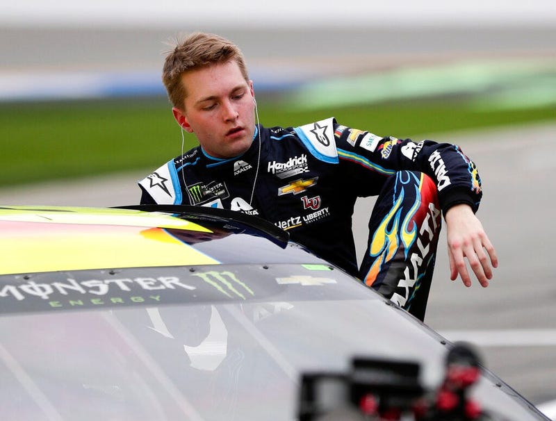 William Byron climbs out of his car after his qualifying run for the Daytona 500 auto race at Daytona International Speedway, Sunday, Feb. 10, 2019, in Daytona Beach, Fla