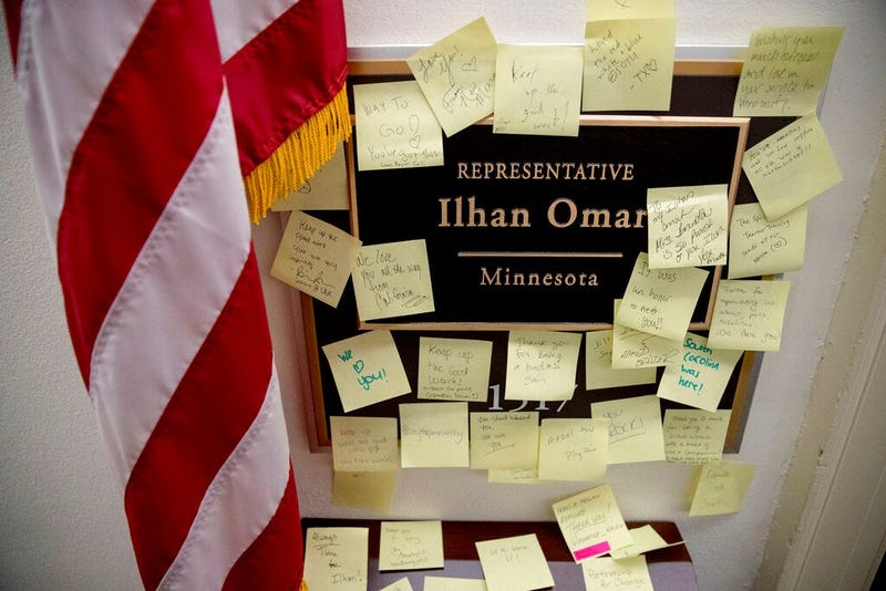 People leave post-it notes of support outside the office of Rep. Ilhan Omar, D-Minn., on Capitol Hill, Monday, Feb. 11, 2019, in Washington.