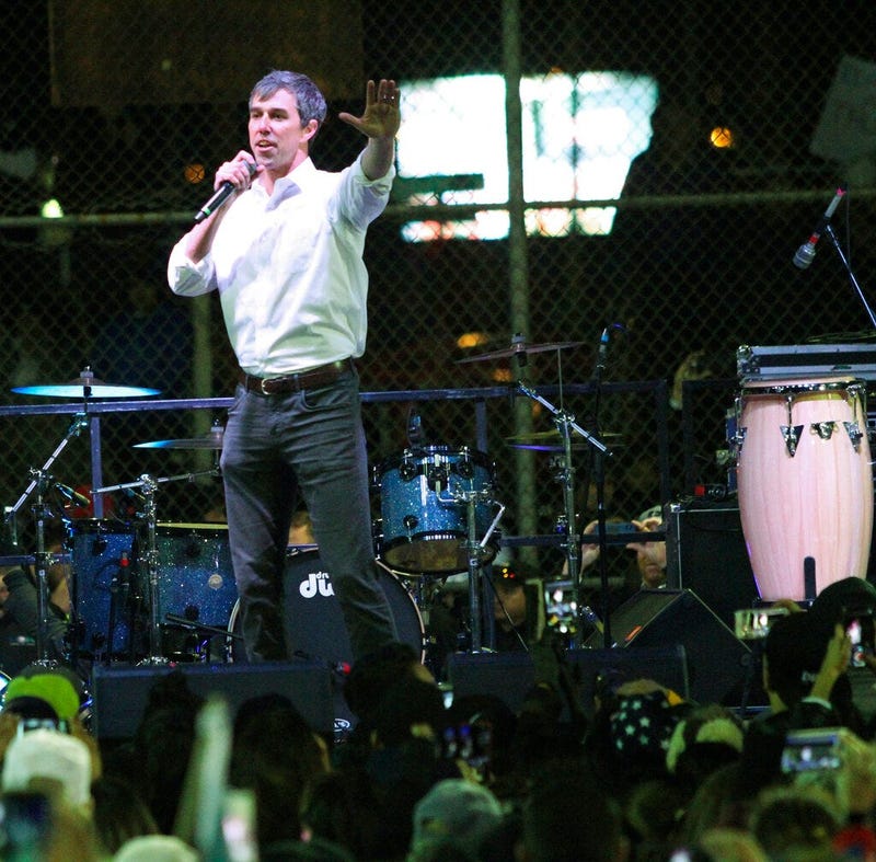 Former U.S. Rep. Beto O'Rourke speaks to a crowd inside a ball park across the street from where President Donald Trump was holding a rally inside the El Paso County Coliseum in El Paso, Texas, Monday, Feb. 11, 2019.