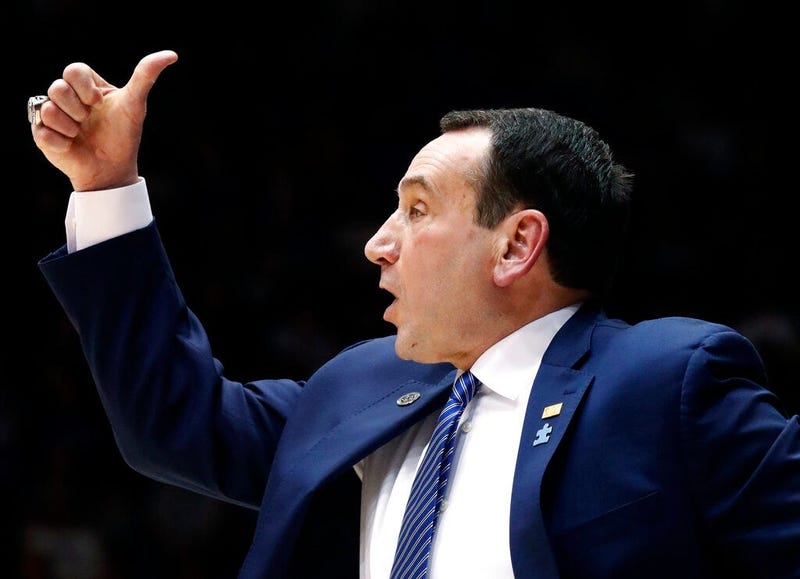 Duke Blue Devils head coach Mike Krzyzewski directs the team against North Carolina State during the second half of an NCAA college basketball game in Durham, N.C., Saturday, Feb. 16, 2019