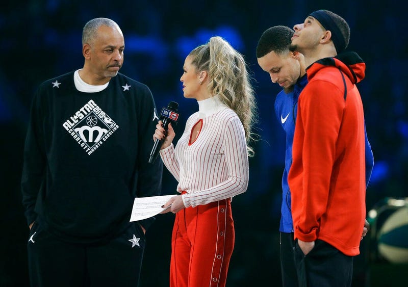 Dell Curry and son's Stephen Curry and Seth Curry are interviewed during the NBA All-Star 3-Point contest, Saturday, Feb. 16, 2019, in Charlotte, N.C.