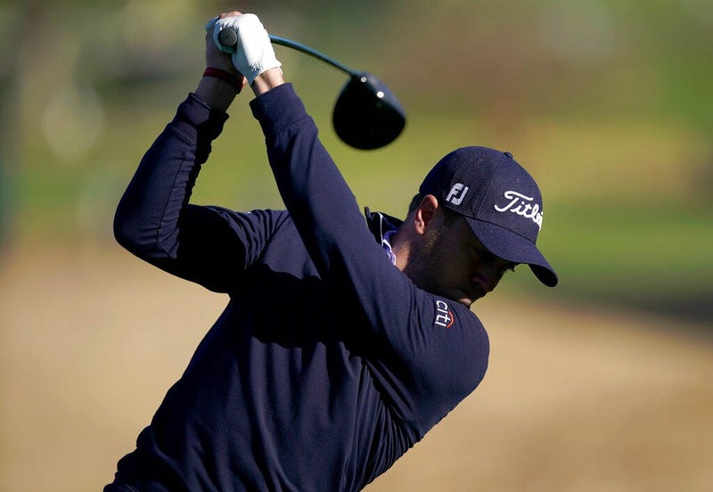 Justin Thomas tees off on the ninth hole as third round play continues during the Genesis Open golf tournament at Riviera Country Club on Sunday, Feb. 17, 2019, in the Pacific Palisades area of Los Angeles.