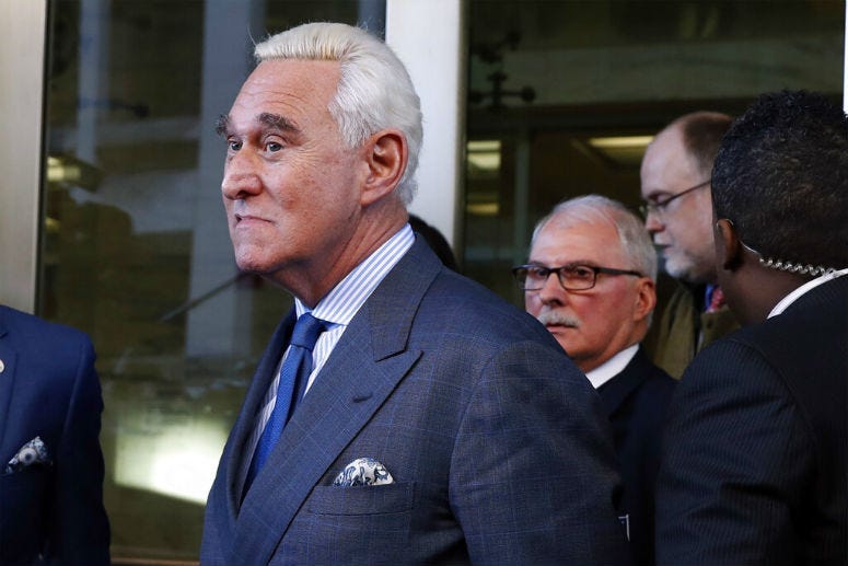 Former campaign adviser for President Donald Trump, Roger Stone, leaves federal court Thursday, Feb. 21, 2019, in Washington.