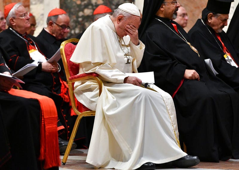Pope Francis attends a penitential liturgy at the Vatican, Saturday, Feb. 23, 2019.