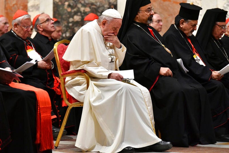 Pope Francis attends a penitential liturgy at the Vatican, Saturday, Feb. 23, 2019. The pontiff is hosting a four-day summit on preventing clergy sexual abuse, a high-stakes meeting designed to impress on Catholic bishops around the world that the problem