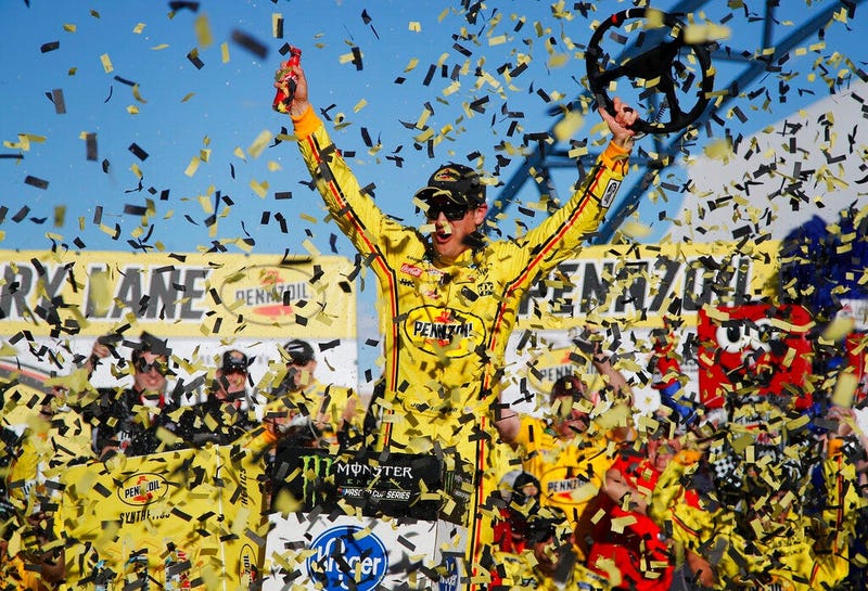 Joey Logano celebrates after winning a NASCAR Cup Series auto race at Las Vegas Motor Speedway, Sunday, March 3, 2019, in Las Vegas.