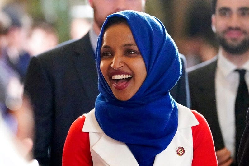 Rep. Ilhan Omar, D-Minn., arrives for President Donald Trump's State of the Union address to a joint session of Congress on Capitol Hill in Washington