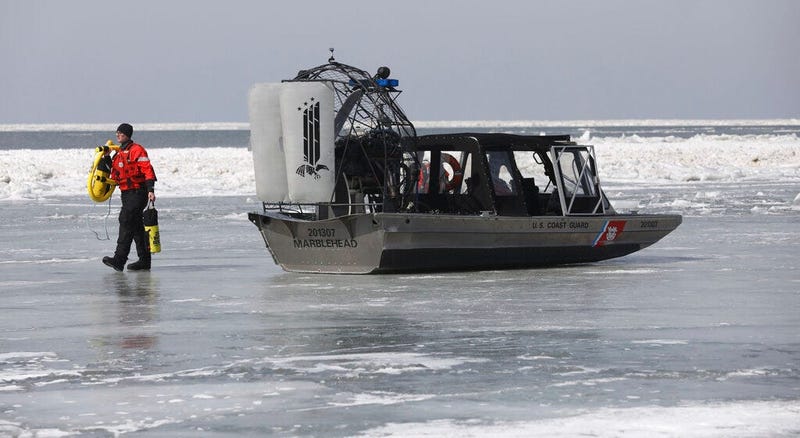 Emergency personnel prepare to rescue stranded fishermen off Catawba Island State Park, Ohio in Lake Erie, on Saturday, March 9, 2019.