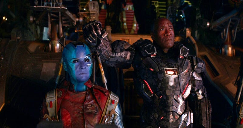 Disney shows Karen Gillan, left, and Don Cheadle in a scene from "Avengers: Endgame."