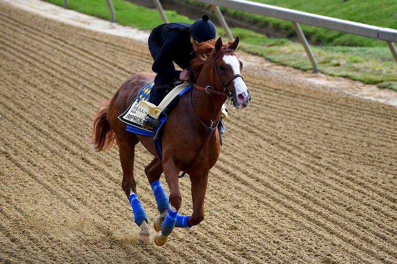 Improbable exercises in preparation for the Preakness Stakes horse race, Thursday, May 16, 2019, at Pimlico Race Course in Baltimore. The race is scheduled to take place Saturday, May 18.