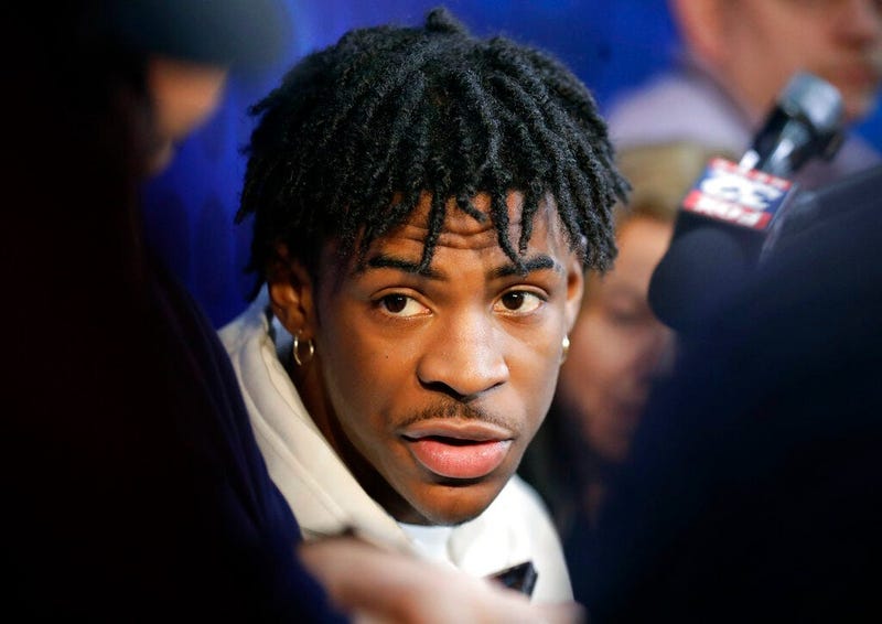 Ja Morant from Murray State, speaks with the media at the NBA draft basketball combine day one in Chicago, Thursday, May. 16, 2019.