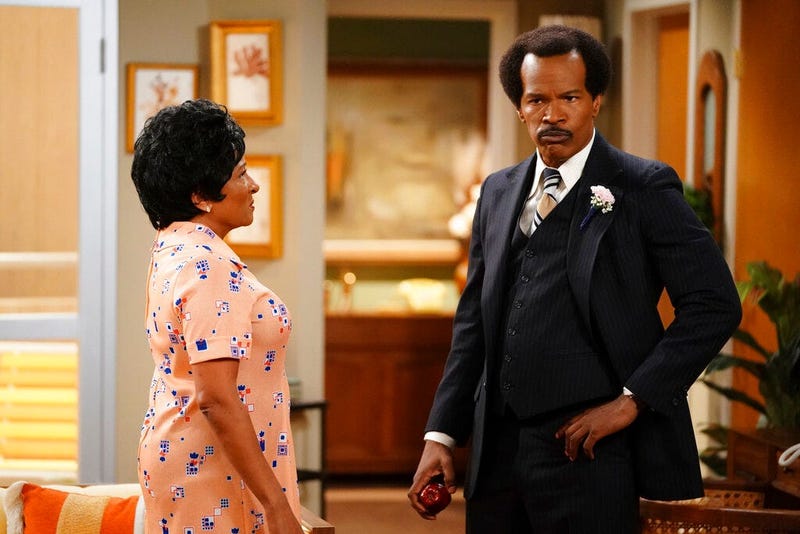 Wanda Sykes as Louise Jefferson, left, and Jamie Foxx as George Jefferson in "Live in Front of a Studio Audience: Norman Lear's 'All in the Family' and 'The Jeffersons'," 