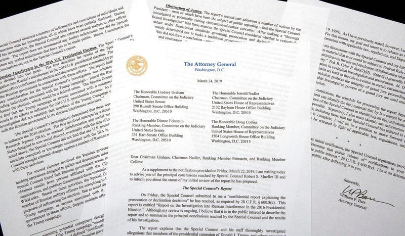 a copy of a letter from Attorney General William Barr advising Congress of the principal conclusions reached by special counsel Robert Mueller