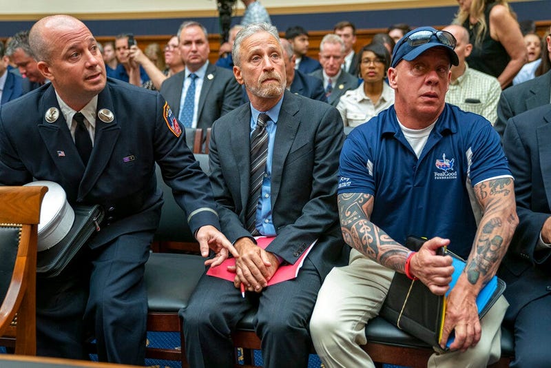 Entertainer and activist Jon Stewart lends his support to firefighters, first responders and survivors of the September 11 terror attacks at a hearing by the House Judiciary Committee as it considers permanent authorization of the Victim Compensation Fund