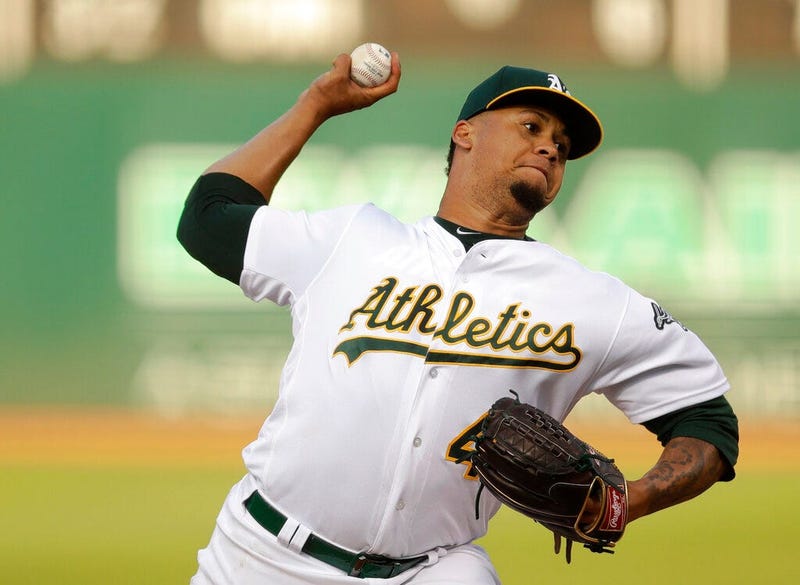 Oakland Athletics pitcher Frankie Montas works against the Tampa Bay Rays during the first inning of a baseball game Thursday, June 20, 2019, in Oakland, Calif.