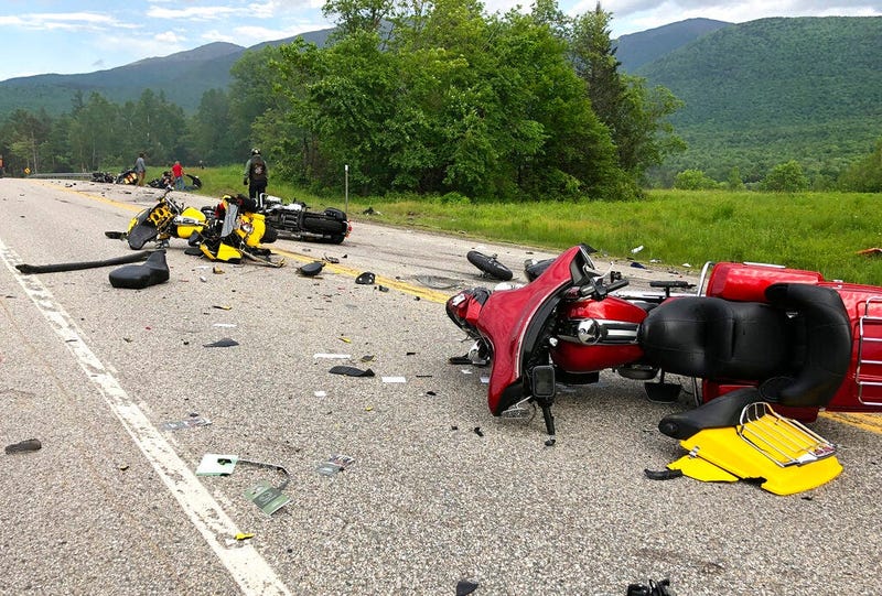 Miranda Thompson shows the scene where several motorcycles and a pickup truck collided on a rural, two-lane highway Friday, June 21, 2019 in Randolph, 