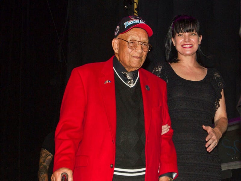 Lt. Col. Bob Friend, a Tuskegee Airman, stand onstage during the 2nd Annual Heroes Helping Heroes Benefit Concert at The House of Blues in Los Angeles