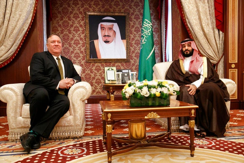 Secretary of State Mike Pompeo meets with Saudi Arabia's Crown Prince Mohammed bin Salman, at Al-Salam Palace in Jiddah, Saudi Arabia, Monday, June 24, 2019.