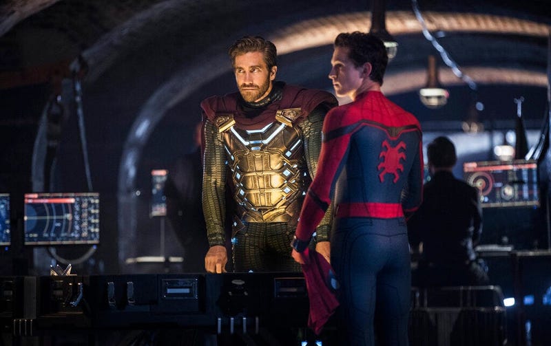 This image released by Sony Pictures shows Jake Gyllenhaal, left, and Tom Holland in a scene from "Spider-Man: Far From Home."