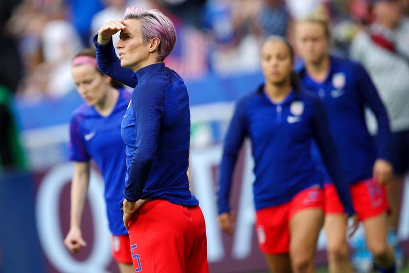 United States' Megan Rapinoe warms up before the Women's World Cup semifinal soccer match between England and the United States, at the Stade de Lyon outside Lyon, France, Tuesday, July 2, 2019.