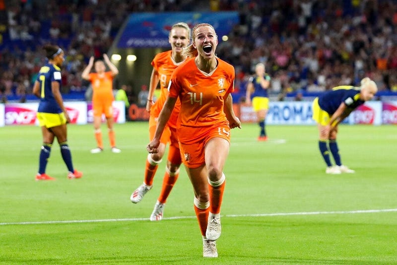 Netherlands' Jackie Groenen celebrates after scoring during the Women's World Cup semifinal soccer match between the Netherlands and Sweden, at the Stade de Lyon outside Lyon, France, Wednesday, July 3, 2019.