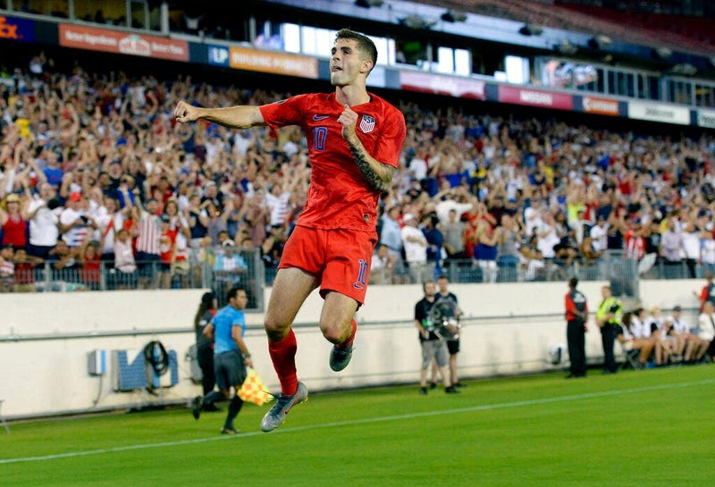 United States midfielder Christian Pulisic celebrates after scoring a goal against Jamaica during the second half of a CONCACAF Gold Cup semifinal soccer match Wednesday, July 3, 2019, in Nashville, Tenn. The United States won 3-1. (