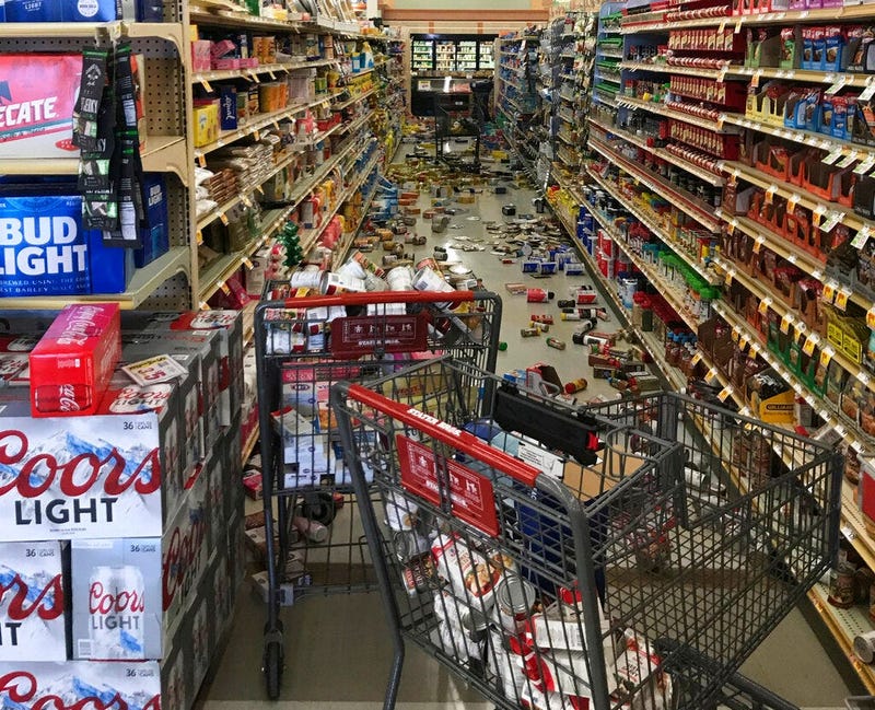  food and other merchandise lies on the floor at the Stater Bros. on China Lake Blvd., after an earthquake, Thursday, July 4, 2019, in Ridgecrest, Calif
