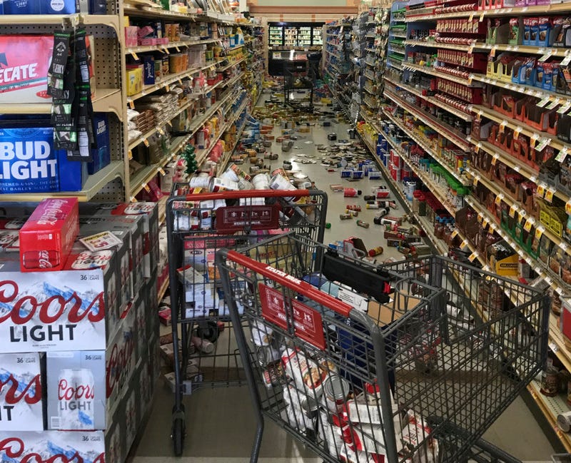 Food and other merchandise lies on the floor at the Stater Bros. on China Lake Blvd., after an earthquake, Thursday, July 4, 2019, in Ridgecrest, California