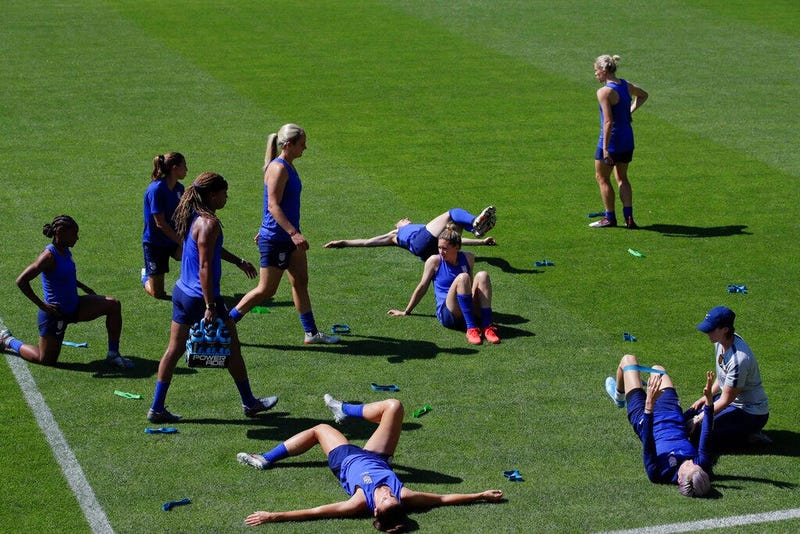 United States' players warm up during a training session at the Gymnase Parc des Sports in Limonest, outside Lyon, France, a day before their Women's World Cup final match against the Netherlands, Saturday, July 6, 2019.