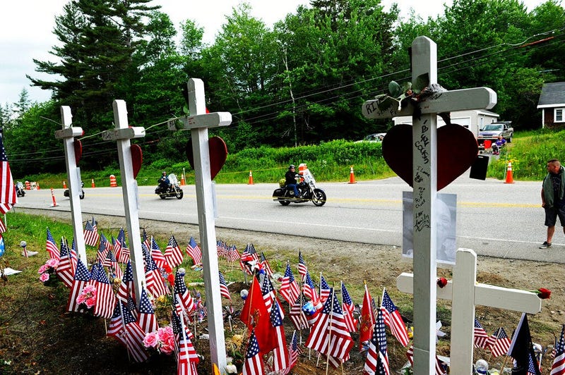 Motorcyclists participate in the Ride for the Fallen 7 on Saturday, July 6, 2019, in Randolph, N.H. Thousands of motorcyclists traveled through parts of New Hampshire as a tribute to the seven bikers killed in a collision with a pickup truck last month.