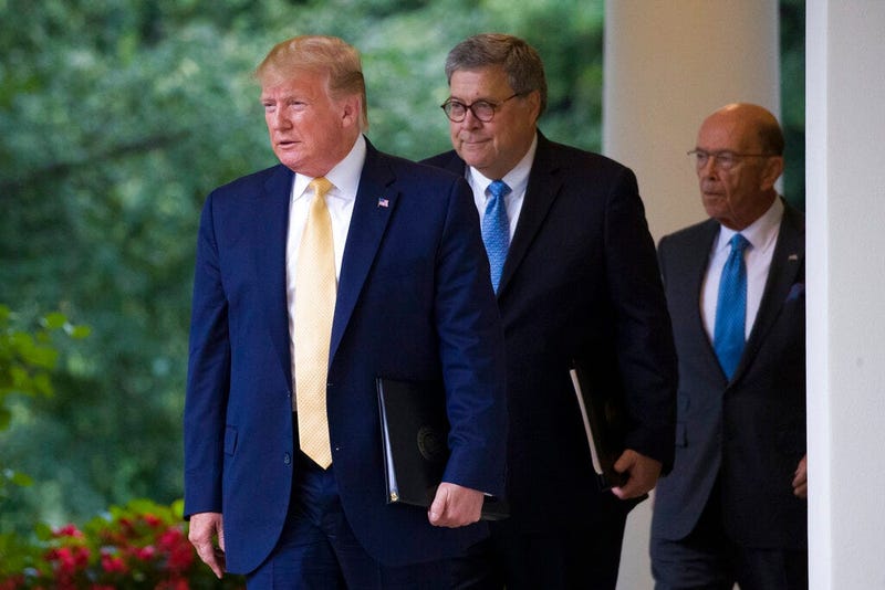 President Donald Trump arrives with Commerce Secretary Wilbur Ross and Attorney General William Barr to speak about the 2020 census in the Rose Garden at the White House in Washington, Thursday, July 11, 2019. 