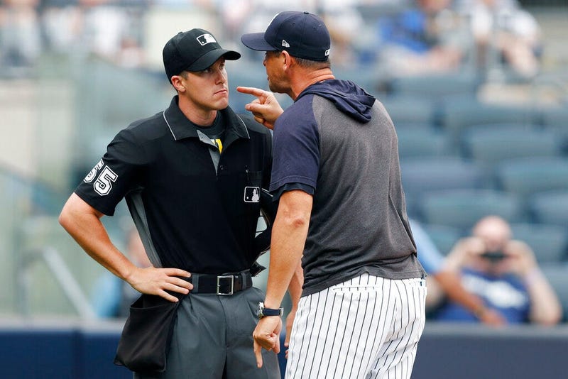 New York Yankees' manager Aaron Boone yells at home plate umpire Brennan Miller during the second inning of the first game of a baseball doubleheader against the Tampa Bay Rays' Thursday, July 18, 2019, in New York.