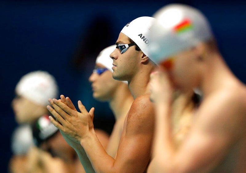 United States' Michael Andrew prepares to start in his men's 50m backstroke heat at the World Swimming Championships in Gwangju, South Korea, Saturday, July 27, 2019.