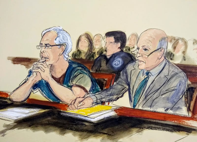 In this July 15, 2019 courtroom artist's sketch, defendant Jeffrey Epstein, left, and his attorney Martin Weinberg listen during a bail hearing in federal court, in New York.