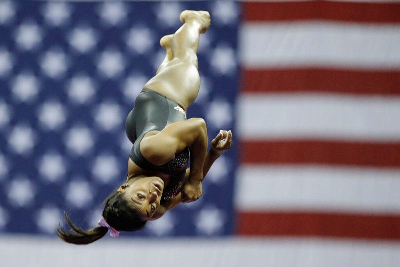 Simone Biles practices on vault for the senior women's competition at the 2019 U.S. Gymnastics Championships Sunday, Aug. 11, 2019, in Kansas City, Mo.