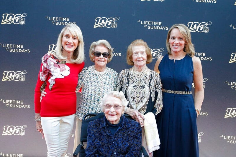 Norma Hunt, Martha Ford, Virginia McCaskey, seated, Patricia Rooney and Jane Skinner Goodell pose at the premiere of "A Lifetime of Sundays,"