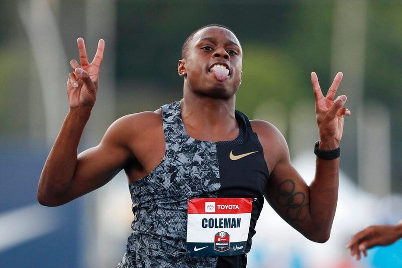 Christian Coleman celebrates as he wins the men's 100-meter dash final at the U.S. Championships athletics meet