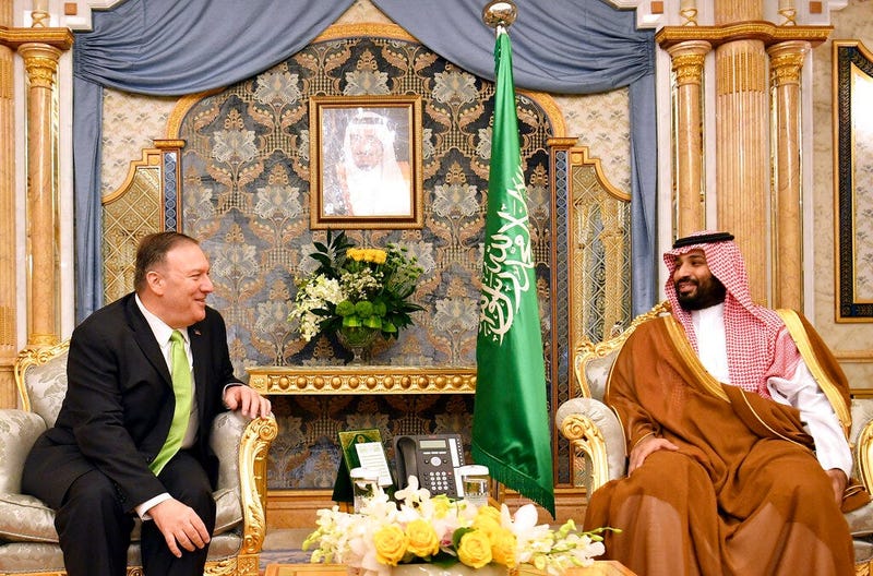 U.S. Secretary of State Mike Pompeo, left, meets with Saudi Arabia's Crown Prince Mohammed bin Salman in Jeddah, Saudi Arabia, on Wednesday, Sept 18, 2019.