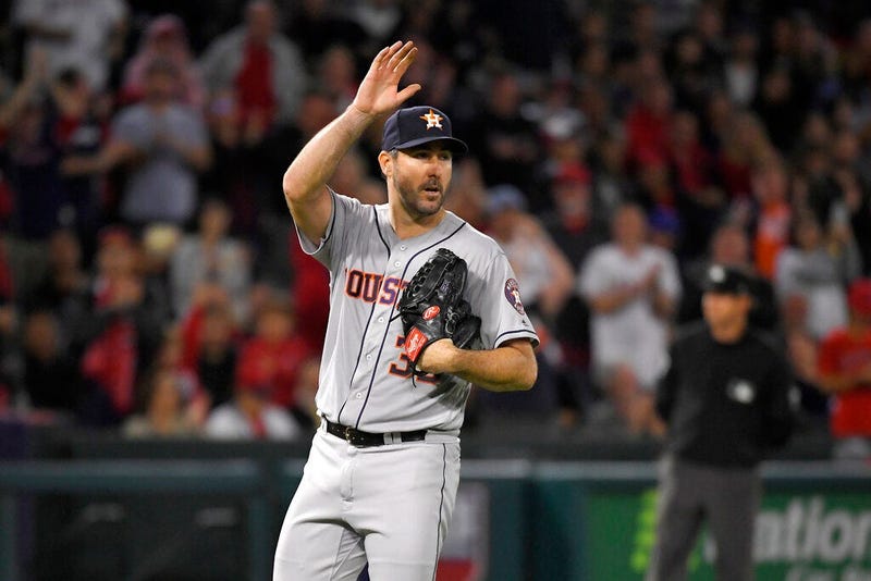Houston Astros starting pitcher Justin Verlander waves to fans striking out Los Angeles Angels' Kole Calhoun forays 3,000th career strikeout during the fourth inning of a baseball game Saturday, Sept. 28, 2019, in Anaheim, Calif. 