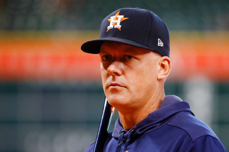 Houston Astros manager AJ Hinch watches during batting practice before Game 1 of baseball's American League Championship Series against the New York Yankees Saturday, Oct. 12, 2019, in Houston. 