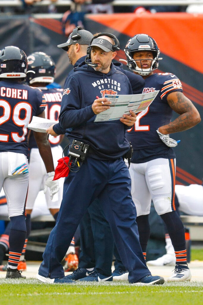 Chicago Bears head coach Matt Nagy paces the sideline during the first half of an NFL football game against the New Orleans Saints in Chicago, Sunday, Oct. 20, 2019.