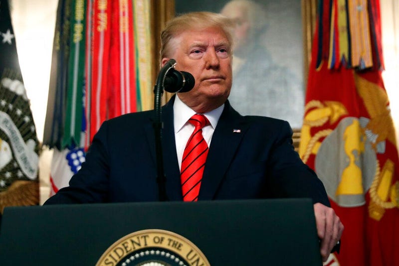 President Donald Trump speaks in the Diplomatic Room of the White House in Washington, Sunday, Oct. 27, 2019. 