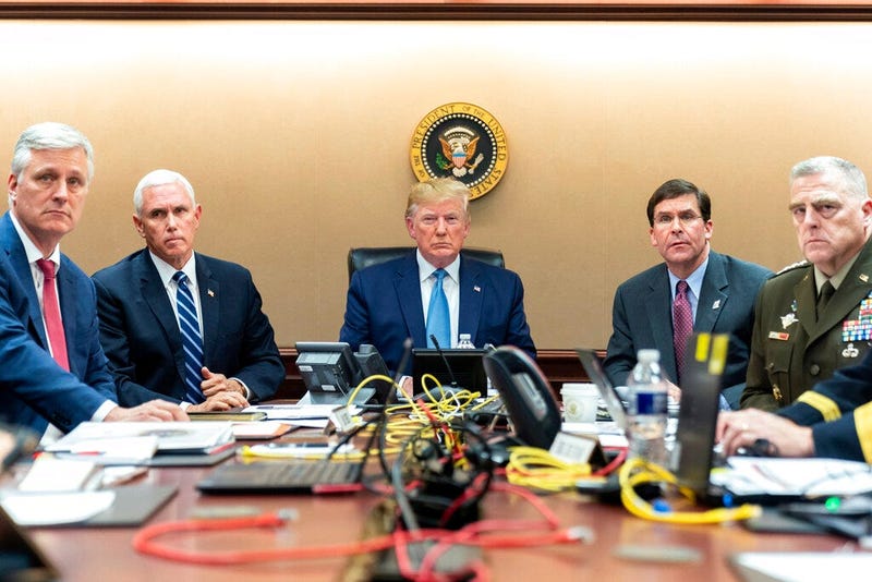 President Donald Trump is joined by Vice President Mike Pence, second from left, national security adviser Robert O’Brien, left; Secretary of Defense Mark Esper, second from right, and Chairman of the Joint Chiefs of Staff Army Gen. Mark A. Milley, right,