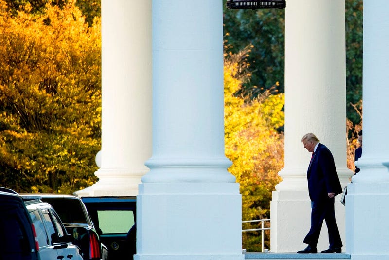 President Donald Trump walks out of the North Portico of the White House in Washington, Monday, Oct. 28, 2019, to travel to Andrews Air Force Base, Md., and then on to Chicago.